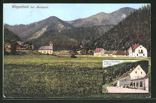 AK Wegscheid / Mariazell, Ortsansicht mit Kirche, Kain's Gasthof z. Post