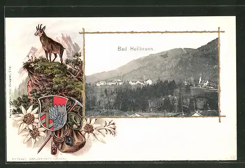 Passepartout-Lithographie Bad Heilbrunn, Wappen, Totalansicht mit Bergen
