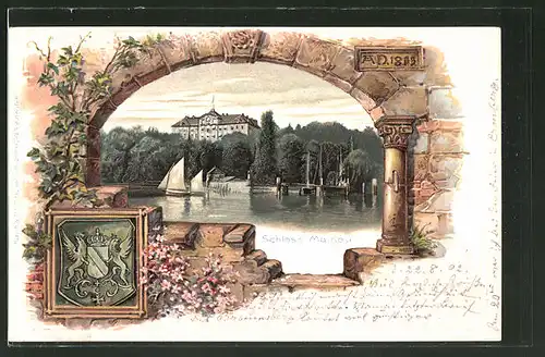 Passepartout-Lithographie Mainau, Wappen, Blick zum Schloss mit Segelbooten