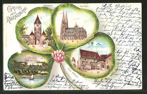 Passepartout-Lithographie Regensburg, Ansichten von Ostenthor, Dom und Walhalla auf Kleeblatt