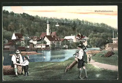 AK Wolfratshausen, Flösser bei einer Rast am Ufer