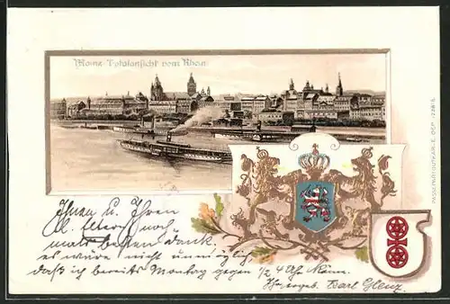 Passepartout-Lithographie Mainz, Totalansicht vom Rhein und Wappen