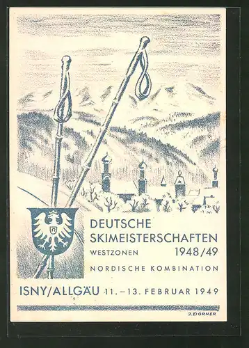 Künstler-AK Isny / Allgäu, Deutsche Skimeisterschaften 1948/49, Nordische Kombination