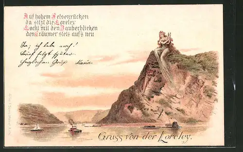 Lithographie "Auf hohen Felsenrücken, da sitzt die Loreley...", Rheinpartie mit Dampfern und Loreley auf dem Felsen