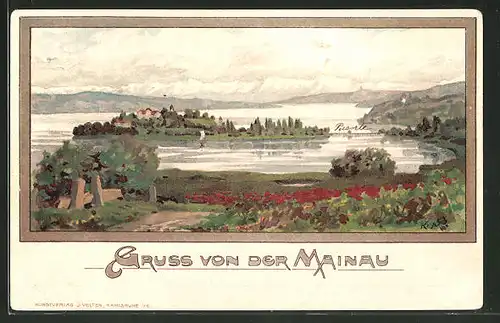 Künstler-AK Karl Mutter: Insel Mainau, Panoramablick mit Bodensee