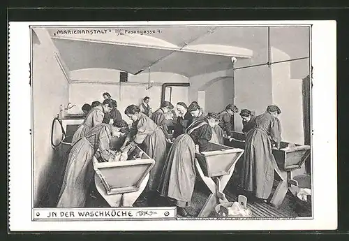AK Wien, Waschfrauen in der Waschküche der Marienanstalt, Fasanengasse 4