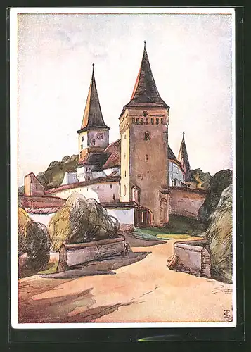 Künstler-AK Siebenbürgen, Trude Schullerus: Kirchenburg Meschen, begonnen im 15. Jahrhundert