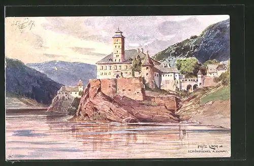 Künstler-AK Fritz Lach: Schönbüchel a. Donau vom Fluss aus gesehen