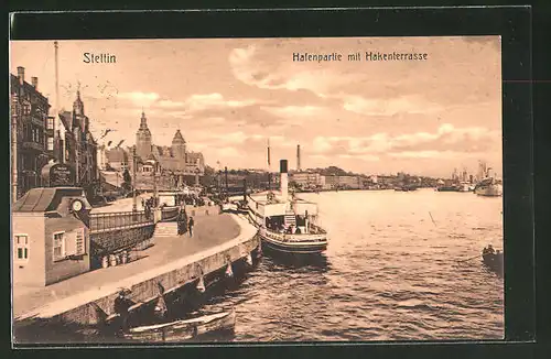 AK Stettin, Hafenpartie mit Hakenterrasse und Dampfer