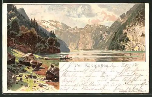 Künstler-Lithographie Otto Strützel: Der Königsee, Panorama mit Boot