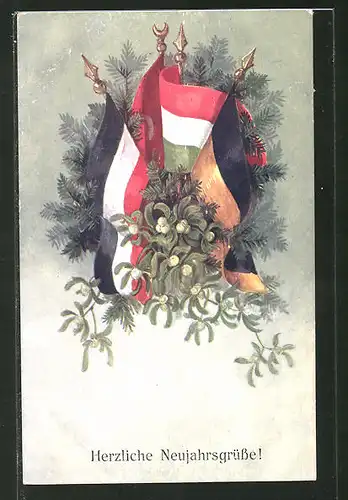 AK Neujahrsgrüsse!, deutsche, türkische, bulgarische und österr. Fahne