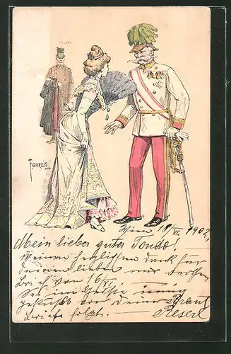 Künstler-Lithographie F. Gareis: Österr. Offizier und junge Dame