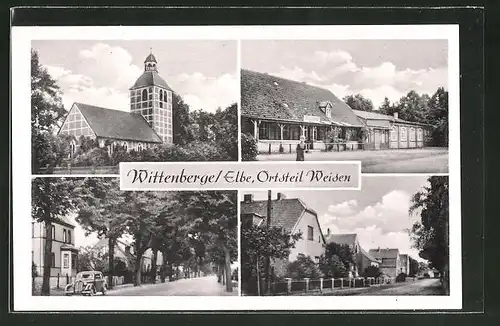 AK Wittenberge / Elbe-Weisen, Gasthaus, Kirche, Strassenpartie