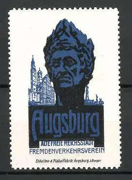 Reklamemarke alte freie Reichsstadt Augsburg, Augustus-Büste und Rathaus