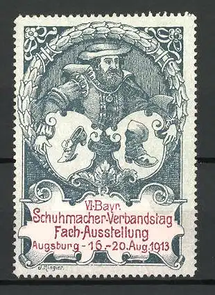 Reklamemarke Augsburg, VI. bayerische Fachausstellung der Schuhmacher 1913, Schuhmacher mit Wappen