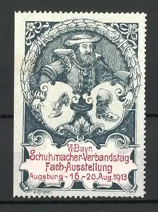 Reklamemarke Augsburg, VI. bayerische Fachausstellung der Schuhmacher 1913, Schuhmacher mit Wappen