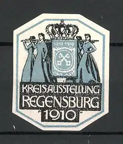 Künstler-Reklamemarke Paul Neu, Regensburg, Kreisausstellung 1910, Frauen tragen Wappen