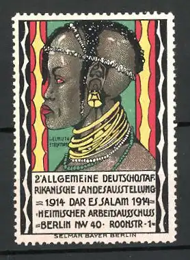 Künstler-Reklamemarke Dar es Salam, 2. allgemeine Deutsch-Ostafrika-Ausstellung 1914, Afrikanerin mit Schmuck