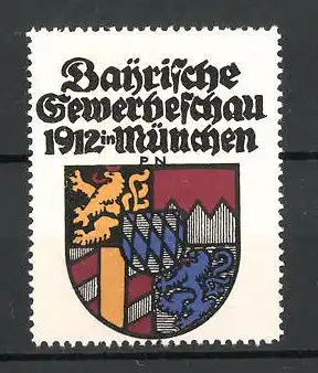 Künstler-Reklamemarke Paul Neu, München, bayerische Gewerbeschau 1912, Wappen