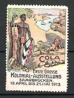 Reklamemarke Saarbrücken, Kolonial-Ausstellung 1913, Afrikaner mit Speer und Löwen