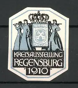 Künstler-Reklamemarke Paul Neu, Regensburg, Kreisausstellung 1910, Frauen tragen Wappen