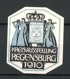 Künstler-Reklamemarke Paul Neu, Regensburg, Kreisausstellung 1910, Frauen tragen Wappen