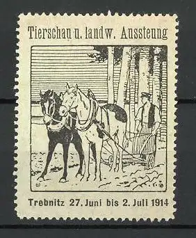 Reklamemarke Trebnitz, Tierschau und landwirtschaftliche Ausstellung 1914, Bauer mit Pferdepflug