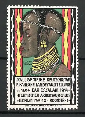 Reklamemarke Dar es Salam, 2. allgemeine Deutsch-Ostafrika-Ausstellung 1914, Afrikanerin mit Schmuck