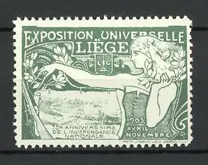 Reklamemarke Liége, Exposition Universelle 1905, Bäuerin mit Zirkel und Ortsmotiv, grün