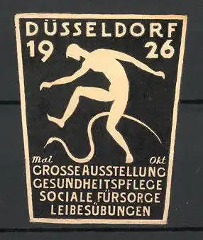 Präge-Reklamemarke Düsseldorf, grosse Ausstellung für Leibesübungen und Gesundheitspflege 1926, Mann mit Schlange, weiss