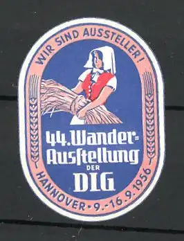 Präge-Reklamemarke Hannover, 44. Wander-Ausstellung der DLG 1956, Bäuerin mit Getreide