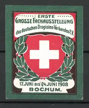 Reklamemarke Bochum, erste grosse Fachausstellung deutscher Drogisten 1908, Wappen