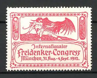 Reklamemarke München, internationaler Freidenker-Kongress 1912, Mann mit Geier, rot