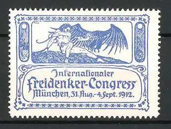 Reklamemarke München, internationaler Freidenker-Kongress 1912, Mann mit Geier, blau