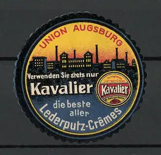 Reklamemarke "Kavalier"-Schuhputz der Union Augsburg, Dose "Kavalier", Fabrik-Motiv