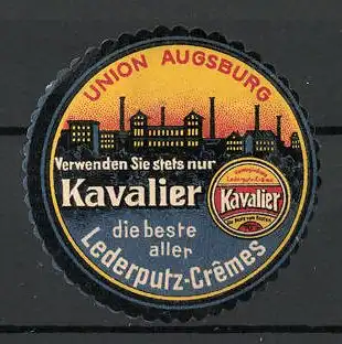Reklamemarke "Kavalier"-Schuhputz der Union Augsburg, Dose "Kavalier", Fabrik-Motiv