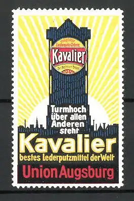 Reklamemarke "Kavalier"-Schuhputz der Union Augsburg, Dose "Kavalier" und Stadtsilhouette