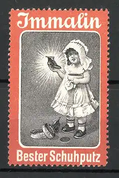Reklamemarke "Immalin"-Schuhputz, "Bestes Schuhputz!", Mädchen mit geputzen Schuh, orange