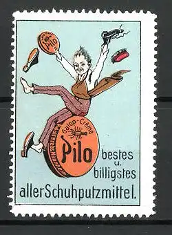 Reklamemarke "Kavalier"-Schuhputz der Firma Adolf Krebs, Mannheim, Schuhmacher-Geselle mit Dose "Pilo"