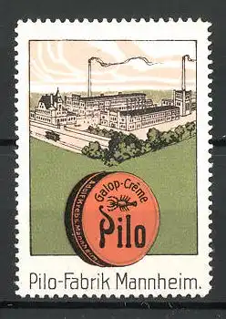 Reklamemarke "Pilo"-Schuhputz der Firma Adolf Krebs, Mannheim, Fabrikansicht und Dose "Pilo"
