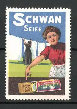 Reklamemarke "Schwan"-Seife, Hausfrauen hängen Wäsche auf, Seifenpackung