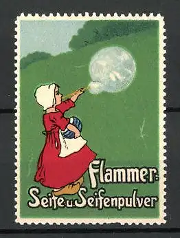 Reklamemarke Flammer's Seife und Seifenpulver, Mädchen macht Seifenblasen