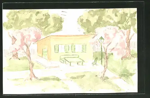 Künstler-AK Handgemalt: Kleines Haus mit Garten