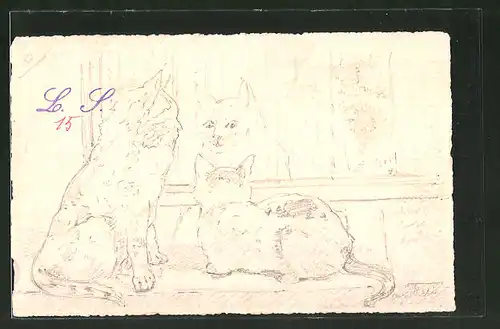 Künstler-AK Handgemalt: Bleistiftskizze zweier Katzen am Fenster