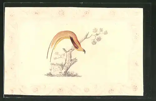 Künstler-AK Handgemalt: Fasan mit langer Schwanzfeder auf einem Baumstumpf