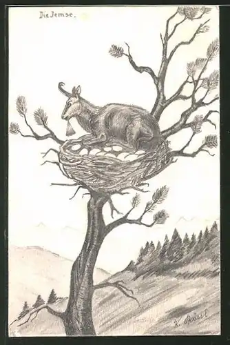 Künstler-AK Handgemalt: Gams sitzt auf einem Vogelnest im Baum
