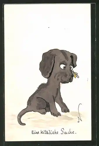 Künstler-AK Handgemalt: "Eine kitzliche Sache", Hund mit Wespe auf der Nase