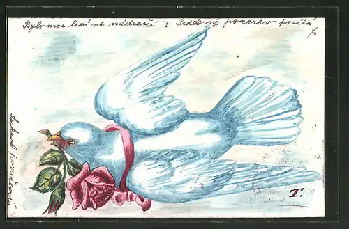 Künstler-AK Handgemalt: Weisse Taube mit roter Rose im Schnabel
