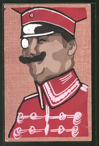 Künstler-AK Handgemalt: Soldat in roter Uniform mit Monokel, Schützengrabenkunst