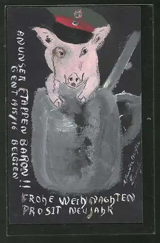 Künstler-AK Handgemalt: Schwein mit Schirmmütze und Monokel, Schützengrabenkunst